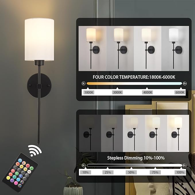 Battery Operated Wall Sconces Set of Two,Wireless Rechargeable Wall Light With Remote Control, Dimmable, 1800K/3000K/4000K/6000K/RGB, Timer, for Living Room, Bedroom, Fireplace, TV, 23.6 Inch Black