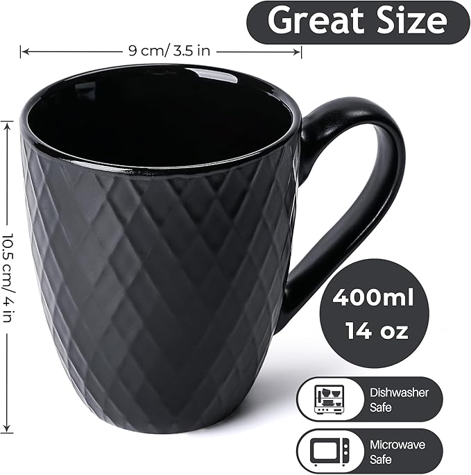 MIAMIO - Coffee Mugs set of 6 / Coffee Cups - 6 x 14 Oz Ceramic Mugs - Large Coffee Mugs - Microwave & Dishwasher safe - Palmanova Collection (Black)