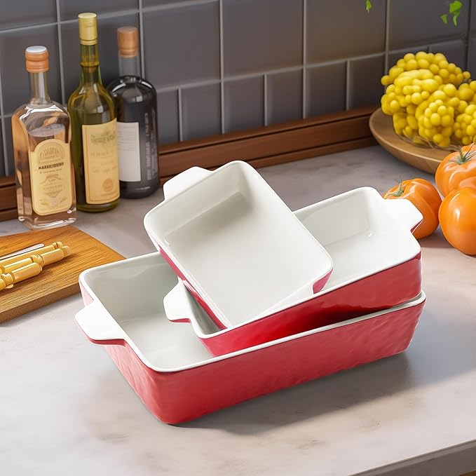 Casserole Dishes for Oven, Ceramic Baking Dishes, Lasagna Pan with Handles, Porcelain Baking Pan Deep, Bakeware for Baking, Cooking, Wedding Gift, Set of 3 (11.6" x 7.8", Red)