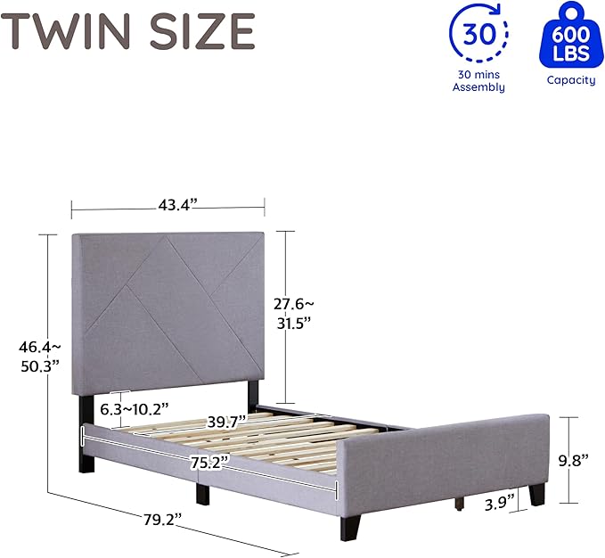 Livinia Stella Twin Size Platform Bed, Fabric Upholstered Twin Bed Frame with Height Adjustable Headboard Footboard, Strong Wood Slats, No Box Spring Needed, Gray (Twin)