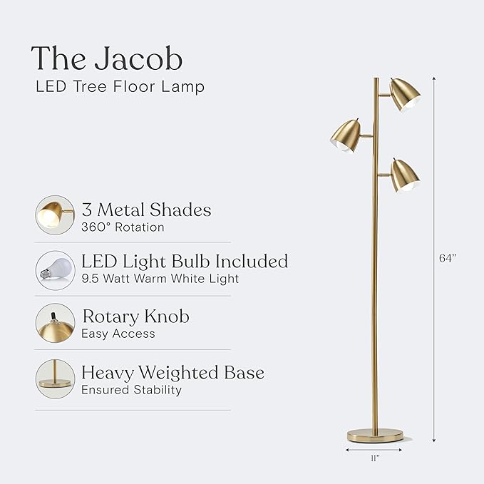 Brightech Jacob LED Standing Lamp, Modern Bright Floor Lamps for Living Rooms & Bedrooms, Tall LED Lighting Lamp with Adjustable 3 Light Tree – Antique Brass/Gold