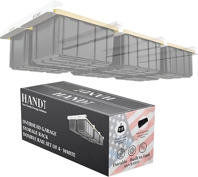 HANDT Overhead Garage Storage Rack, Connectable Heavy Duty Metal Ceiling Rails For Garage Storage Organization Shelving System, Hanging Racks For Tote Containers, Supports Up To 6 Bins, 4 Sets White