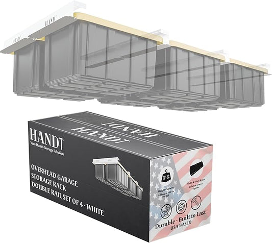 HANDT Overhead Garage Storage Rack, Connectable Heavy Duty Metal Ceiling Rails For Garage Storage Organization Shelving System, Hanging Racks For Tote Containers, Supports Up To 6 Bins, 4 Sets White