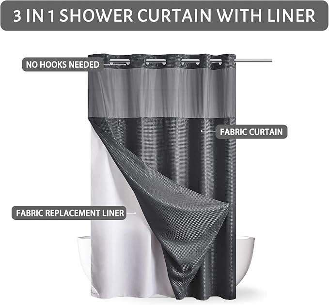 No Hook Waffle Weave Shower Curtain with Snap in Fabric Liner Set,Heavy Duty Textured Bathroom Curtain with See Through Window,Waterproof & Machine Washable,Dark Grey,54x80 Inch