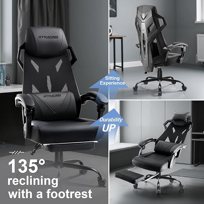 GTRACING Gaming Chair, Computer Chair with Mesh Back, Ergonomic Gaming Chair with Footrest, Reclining Gamer Chair with Adjustable Headrest and Lumbar Support for Gaming and Office (Black)