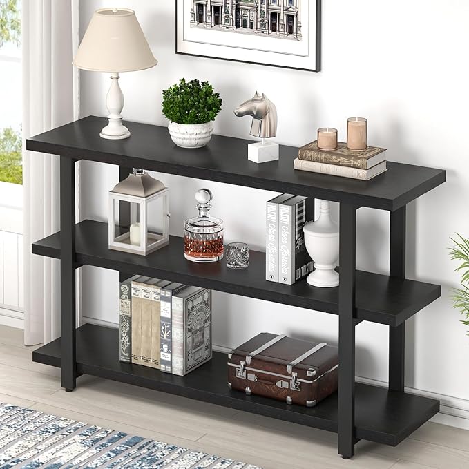 FOLUBAN Black Entryway Table, Modern Console Tables with 3 Tier Storage Shelves for Living Room, Wood and Metal Sofa Table for Hallway, Entrance, or Behind Couch, 47 Inch