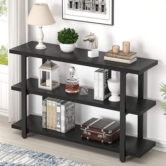 FOLUBAN Black Entryway Table, Modern Console Tables with 3 Tier Storage Shelves for Living Room, Wood and Metal Sofa Table for Hallway, Entrance, or Behind Couch, 47 Inch