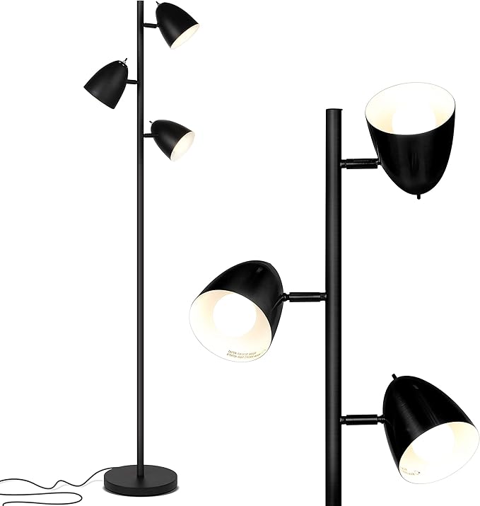 Brightech Jacob LED Standing Lamp, Modern Bright Floor Lamps for Living Rooms & Bedrooms, Tall LED Lighting Lamp with Adjustable 3 Light Tree – Classic Black