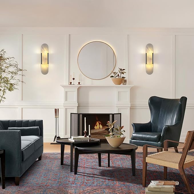 19.7in Matte Black Alabaster Wall Sconces, Natural Marble Wall Sconces Indoor Alabaster Sconces for Living Room Modern Alabaster Sconces Wall Lighting for Dining Room Stairs Bedroom