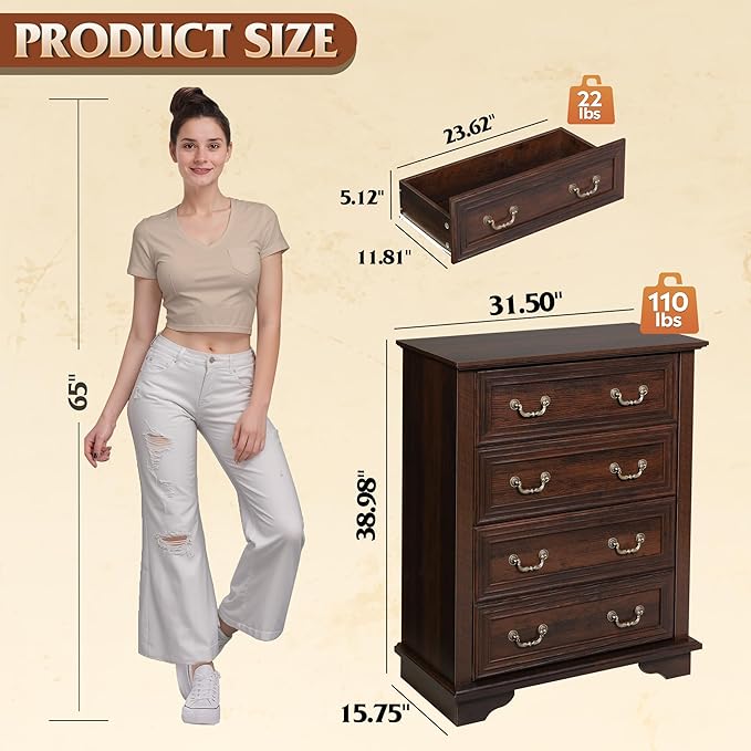 WLIVE Farmhouse Dresser for Bedroom, Tall Wood Dresser with 4 Drawers, Chest of Drawers with Roman Metal Handle for Living Room, Hallway, Closet, Rustic Brown