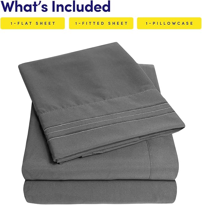 1500 Supreme Collection Twin XL Sheet Sets Gray - 3 Piece Bed Sheets and Pillowcase Set for Twin XL Mattress - Extra Soft, Elastic Corner Straps, Deep Pocket Sheets, Twin XL Gray