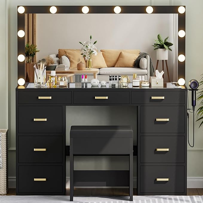 Likein Vanity Desk with Lights and Power Strip - 47'' Glass Top Vanity with Lighted Mirror, 9 Drawers Makeup Vanity with Lights, Black Vanity Set with Chair, 3 Lighting Modes Dressing Table