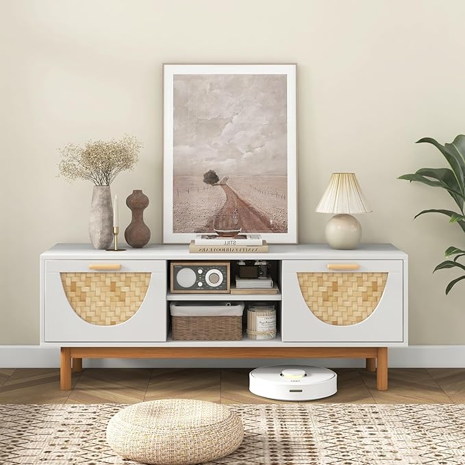 Tangkula White TV Stand for 55 Inch TVs, Mid Century Modern Entertainment Center with 2 Drawers & Bamboo Woven Fronts, Solid Wood Legs, Boho TV Console Table for Living Room (White, 47.5”, for 55"TV)