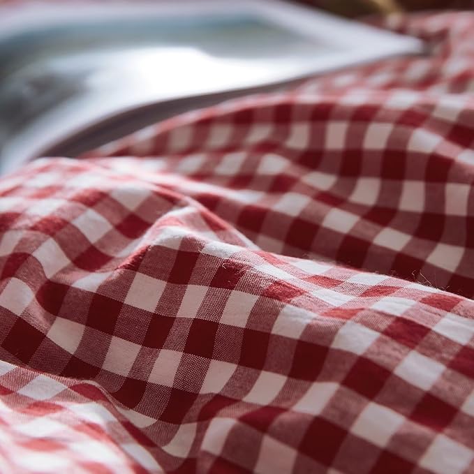 mixinni Red Gingham Comforter Set Full, Plaid Comforter Set 3 Pieces 1 Red Grid Comfoter with 2 Pillow Cases for All Seasons, Soft Fluffy Modern Grid Pattern Printed Bedding-Full Size