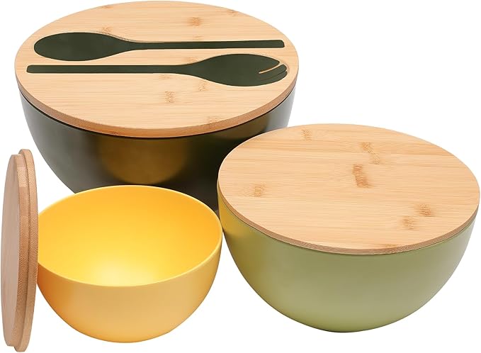 Salad Bowls Set of 3 with Lid & Serving Utensils, Colorful Serving Bowls, Bamboo Fiber Salad Bowls with Bamboo Lid, Kitchen Bowls for Salad, Kitchen Eating, Pasta, Popcorn, Fruit (3 Colors)