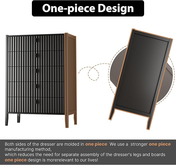 Black 5 Drawer Dresser, Fluted Wood Chest of Drawers for Bedroom, Modern Dresser with Deep Drawers for Clothes, 32 Inch Tall Nightstand for Bedroom, Living Rooms, Offices, and Entryways