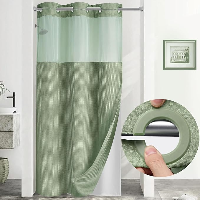 YellyHommy Stall No Hook Shower Curtain with Snap in Liner Set Less Time Green Waffle Shower Curtain for Bathroom 75" L x 36" W