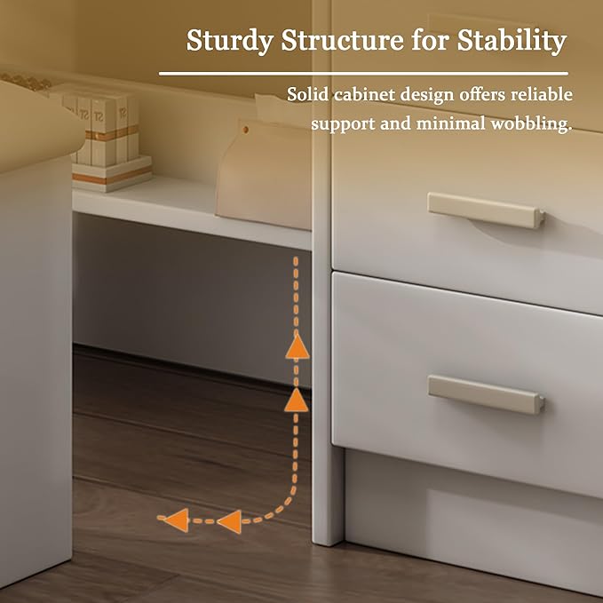 Stylish Vanity Desk with Mirror and Lights, White Dressing Table Set with Chair, 5 Drawers & Open Shelves, Adjustable 3-Color LED Lighting, Perfect for Bedroom Makeup