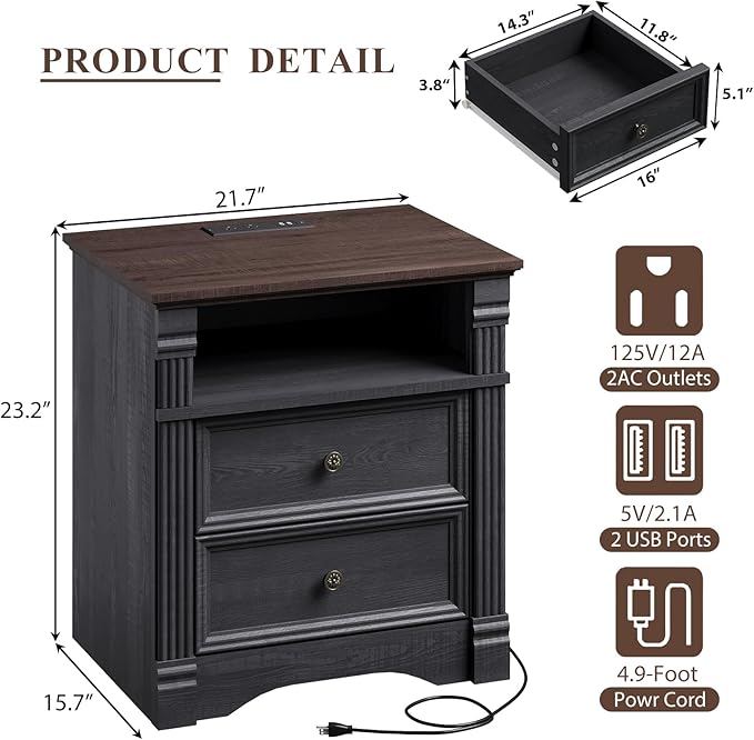 Yaamizz Farmhouse Nightstands with Charging Station, Table with Drawer and Storage Shelf, Wood Pilasters and Metal Handles, Vintage Design, Organizer for Bedroom, Hallway, Black