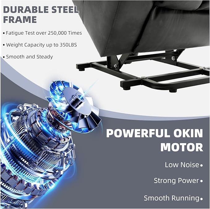 Power Lift Recliner Chair for Elderly, Electric Recliner Chairs for Adults with Massage and Heat, Cup Holders, Remote Control, USB Ports, Side Pockets, Leather (Aluminum Gray)