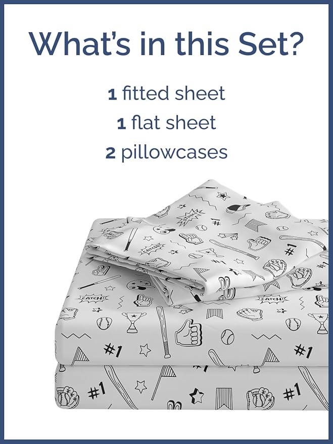 Kids Baseball Queen 4 Piece Sheet Set - Boys, Girls, Teens, Toddler - Easy Fit Deep Pockets - Breathable, Hotel Quality Bedding Sheets - Machine Washable - Wrinkle Free - Cute, Cozy, Soft - CGK Linens