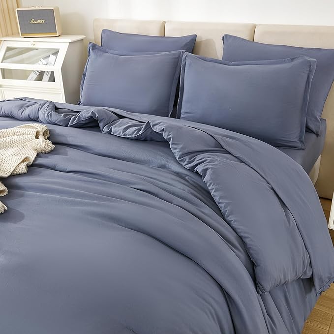 Litanika Full Size Comforter Sets Bluish Grey - 7 Pieces Bed in a Bag Full Bedding Comforter Sets, Solid Lightweight Bed Set with Comforter, Sheets, Pillowcases & Shams