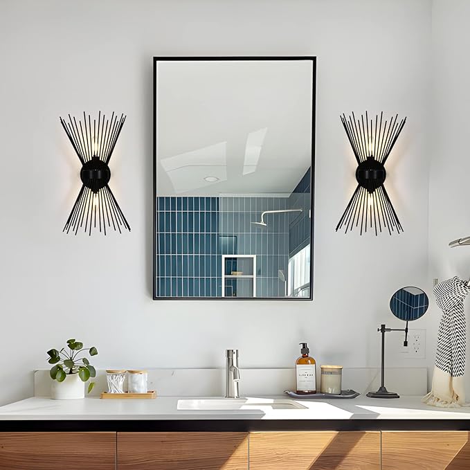 EDISLIVE 2-Bulb Vanity Light Mid-Century Modern Starburst Wall Sconce Lamp Sunburst Sconce- 11 x 4.7 x 15.8 Inches Wall Light for Powder Room Bedroom Bathroom (Black)