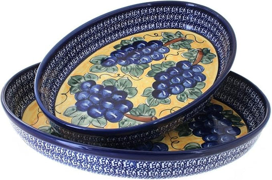 Blue Rose Polish Pottery - Blue Grapes Oval Baker Set - 2 Bakers - Unique, Dishwasher Safe, & Durable Bakeware