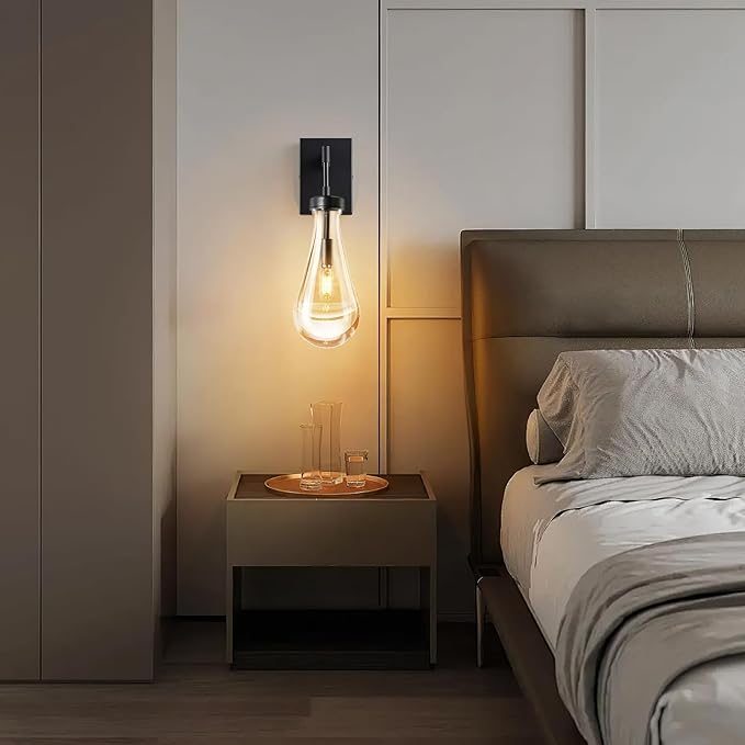 Raindrop Wall Sconces Black Sconces Wall Decor Modern Brass Wall Lighting Glass Bathroom Sconces Indoor Vanity Light Wall Lamp for Bedroom Living Room Stair (1 Pack)