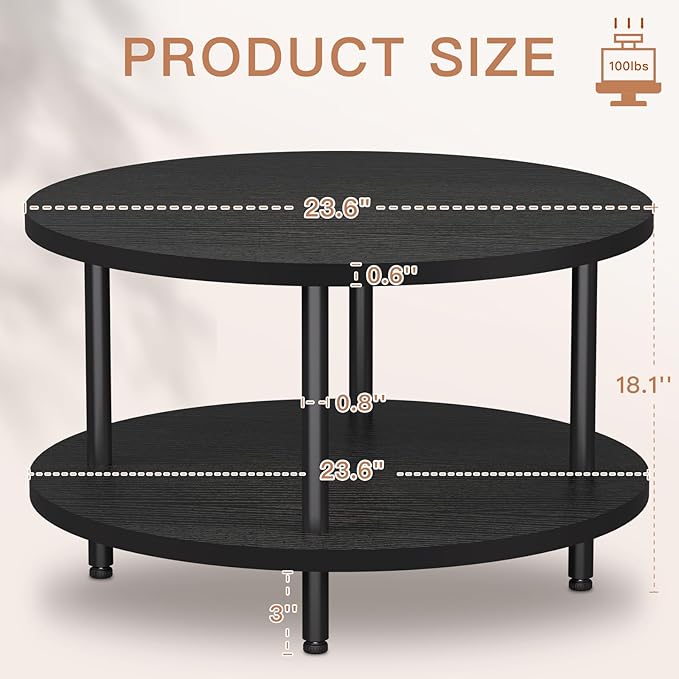 Round Coffee Table, 23.6" Circle Coffee Table for Living Room, 2-Tier Wood Accent Center Table with Open Storage Industrial Design Home Furniture, Black
