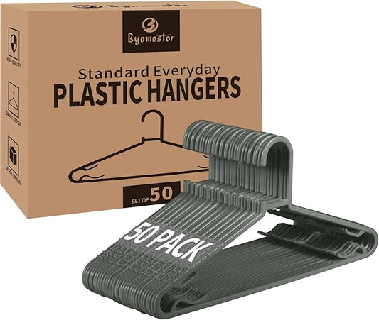 Plastic Hangers 50 Pack, Light Weight Durable Clothes Hangers with Hooks Standard Size G-Shape&Non-Slip Coat Hangers for Everyday Use (Grey)