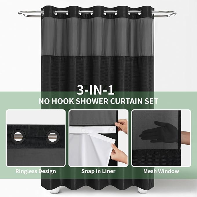 Extra Long No Hook Shower Curtain with Snap-in Fabric Liner Set,Black Waffle Weave Shower Curtains for Bathroom,Hotel Luxury Decor Bathroom Curtain Set,Waterproof & Washable,71Wx86H