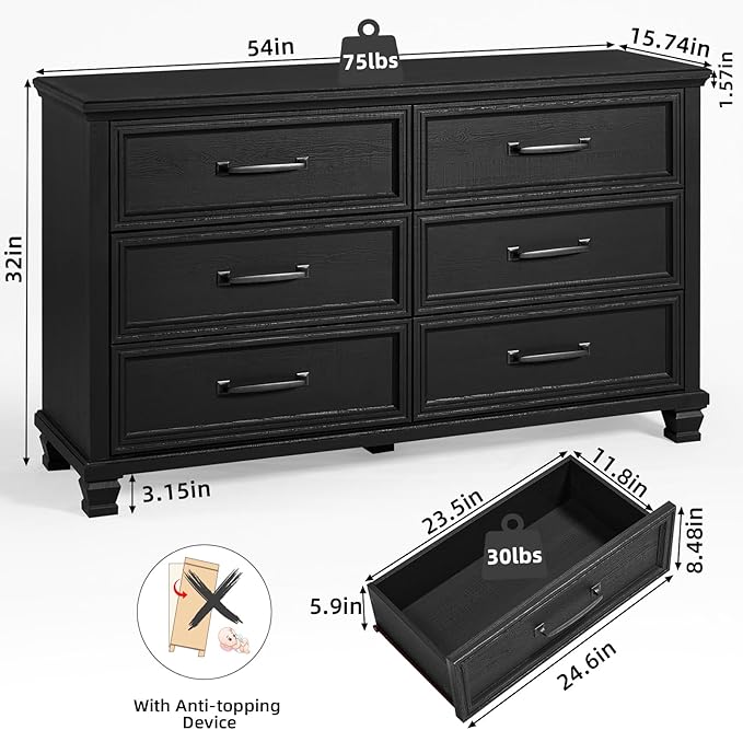 Farmhouse Black Bedroom Sets of 4, Includes 6 Drawer Large Dresser, Low 2 Drawers Night Stand with Charging Station, Small 5 Chest of Drawers, Wood Rustic Dresser & Nightstand Set for Home