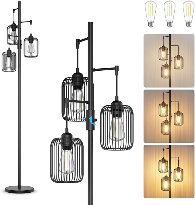 Floor Lamps for Living Room Dimmable Floor Lamp with Cage Shade 70'' Standing Lamps for Living Room Corner Floor Light with 3 LED Bulbs Rustic Floor Lamp for Bedroom Office Industrial Modern