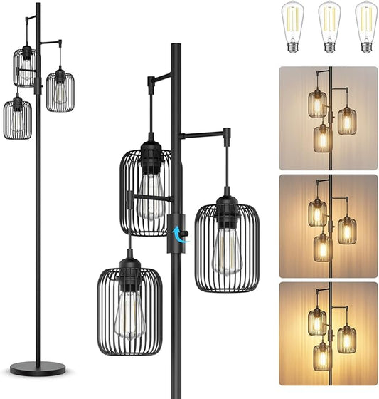Floor Lamps for Living Room Dimmable Floor Lamp with Cage Shade 70'' Standing Lamps for Living Room Corner Floor Light with 3 LED Bulbs Rustic Floor Lamp for Bedroom Office Industrial Modern