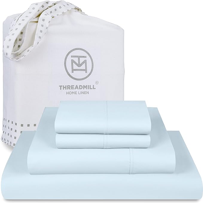 Threadmill Cotton Queen Sheet Set, 500 Thread Count Bed Sheets, 100% Cotton Sheets Set for Queen Size Bed, Smoother Than Egyptian Cotton Claims, 4 Pc Set with Deep Pockets, Light Blue