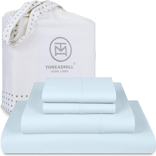 Threadmill Cotton Queen Sheet Set, 500 Thread Count Bed Sheets, 100% Cotton Sheets Set for Queen Size Bed, Smoother Than Egyptian Cotton Claims, 4 Pc Set with Deep Pockets, Light Blue