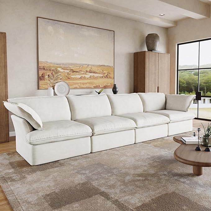 JACH 162" Cloud Sectional Couches for Living Room, Modular Sectional Sofa, Down Fill Couch Sectional, Cushion Covers Removable, Deep Seat Sofas for Living Room (4 Seats, White)