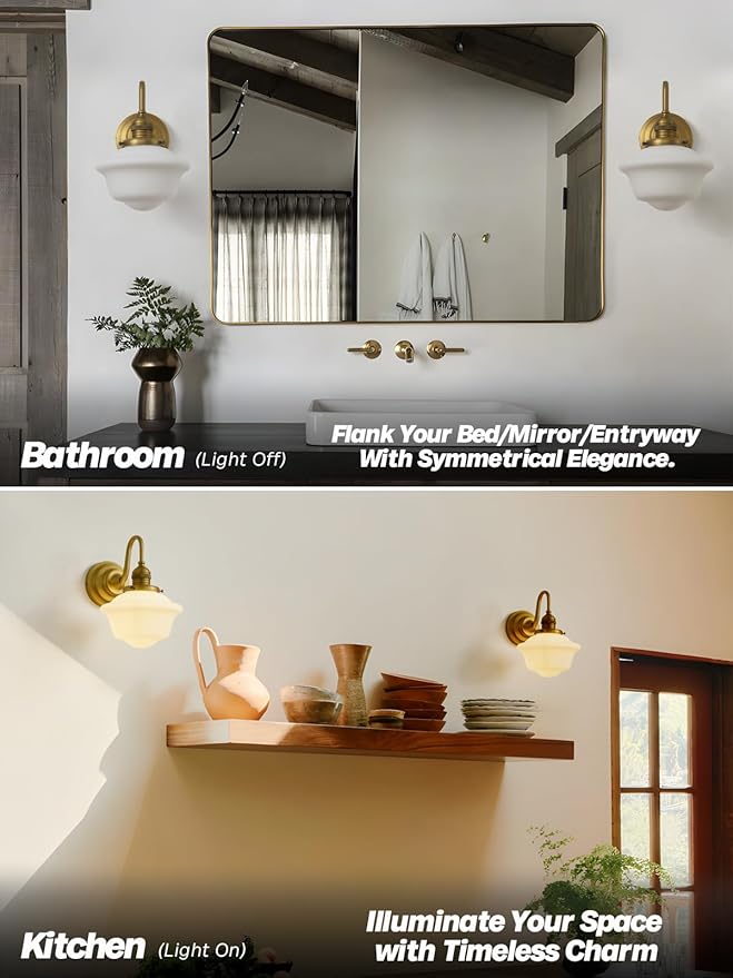 Vintage Wall Sconces Antique Brass Gold Bathroom Vanity Light with Milk Glass Hardwire Wall Sconce Light Lamp for Bathroom Mirror Living Room Bedroom Kitchen Indoor