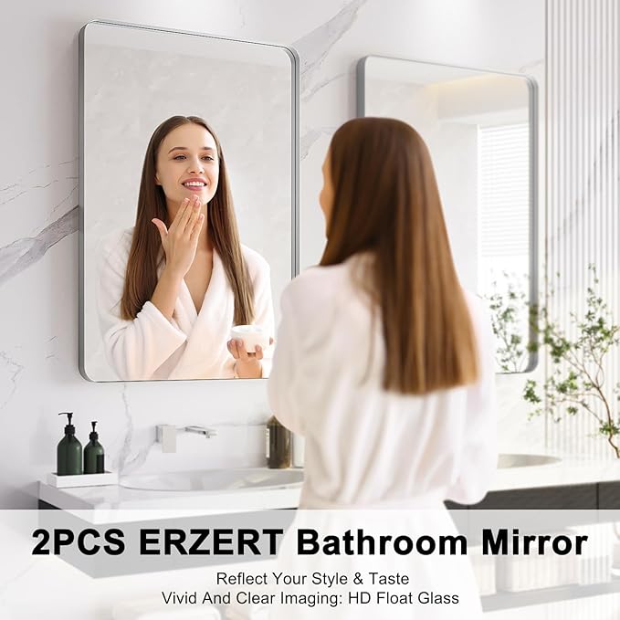 Bathroom Mirrors for Over Sink,2Pcs 24x36Inch Vanity Mirrors for Wall,Silver Metal Frame Rectangle Mirrors for Bathroom, Farmhouse,Restroom,Hangs Horizontally or Vertically