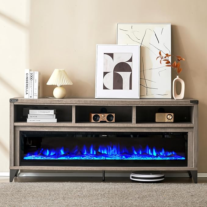 Amerlife 65" Fireplace TV Stand with 60" Glass Electric Fireplace, Industrial & Farmhouse Media Entertainment Center with Open Shelve Storage for TVs Up to 75", TV Console for Living Room, Light Gray