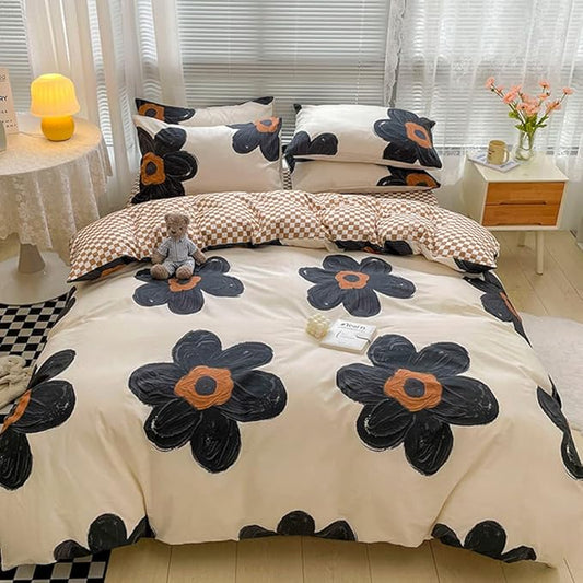 CLOTHKNOW Black Floral Full Size Comforter Sets Sunflower Bedding Comforter Sets Pumpkin Plaid Comforter Beige Black Comforter with 2 x Pillow Cases