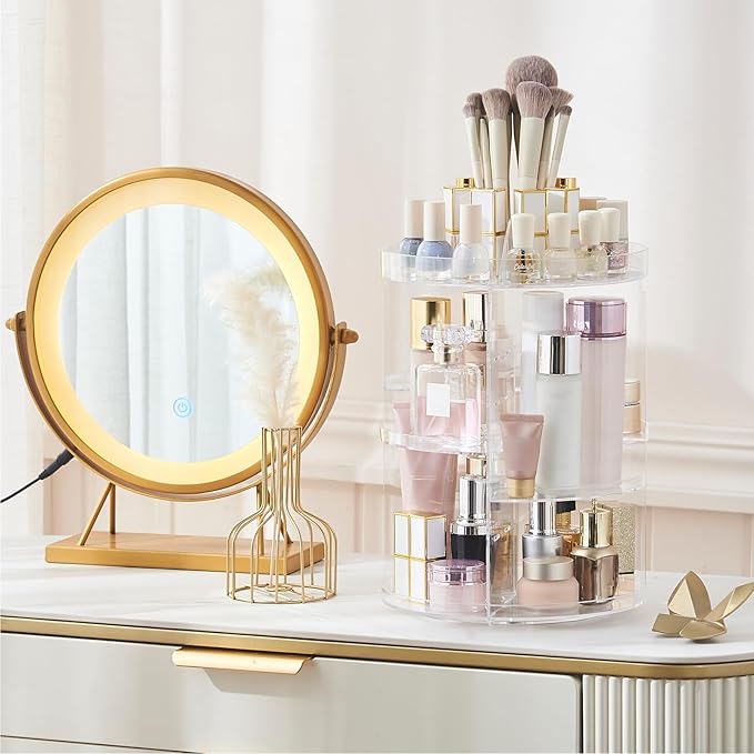 SUNFICON Rotating Makeup Organizer 360 Rotation Cosmetic Storage Holder Crystal Clear Acrylic Makeup Turntable Spin Display Stand Bathroom Bedroom Countertop Vanity Dressing Table Gift Girl Lady Women