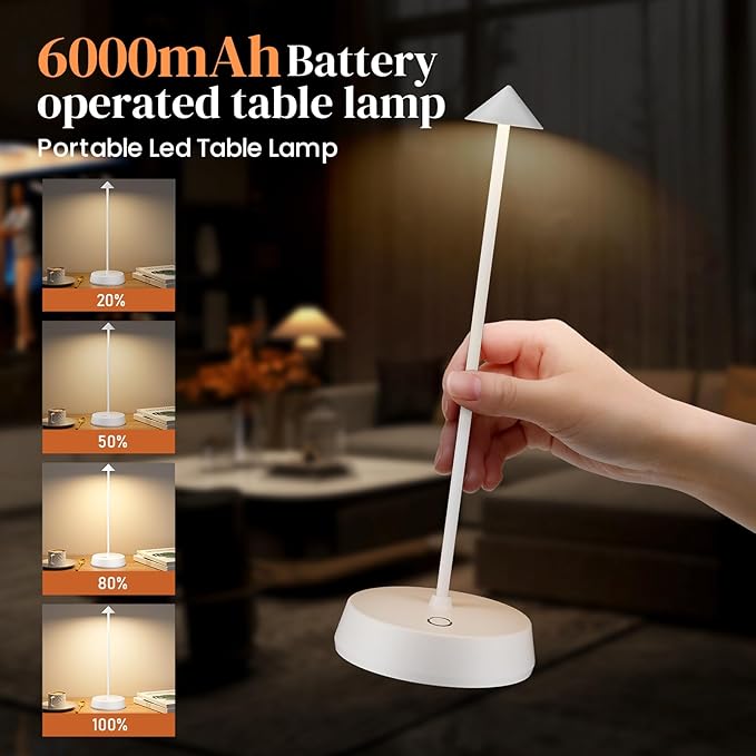 Cordless Table Lamp Rechargeable, Battery Operated 6000mAh Desk Lamp Touch Dimmable Lamp Outdoor Waterproof Portable Wireless Table Light, Small Table Lamp for Restaurant Bar/Outdoor (White)