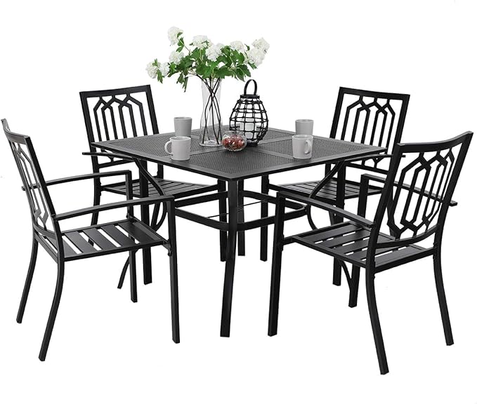PHI VILLA Patio Dining Set 5 Pcs 1 Metal Square Garden Umbrella Table 37" and 4 Armrest Chairs Support 300 lbs for Ourdoor Backyard Bistro Furniture Set
