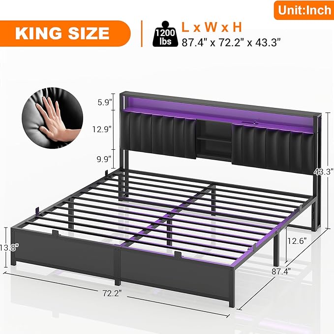 Aheaplus King Size Bed Frame with Charging Station & Led Lights, Platform Bed with Leather Upholstered Headboard and Storage, Metal Slats Support No Box Spring Needed, Noise-Free,-B6, Black Oak
