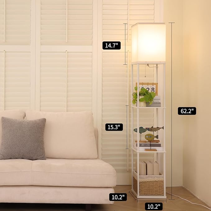 Floor Lamp with Shelves, Modern Square Standing Lamp with 3 Color Temperature Bulb, Corner Display Bookshelf Lamp for Living Room, Bedroom and Office