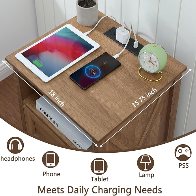 Farmhouse 2 Drawers Dresser for Bedroom, Rustic Small Chest of Drawers with Charging Station, Wood End Table with Open Shelf, Modern Nightstand for Bedroom, Living Room, Entryway, Natural Oak