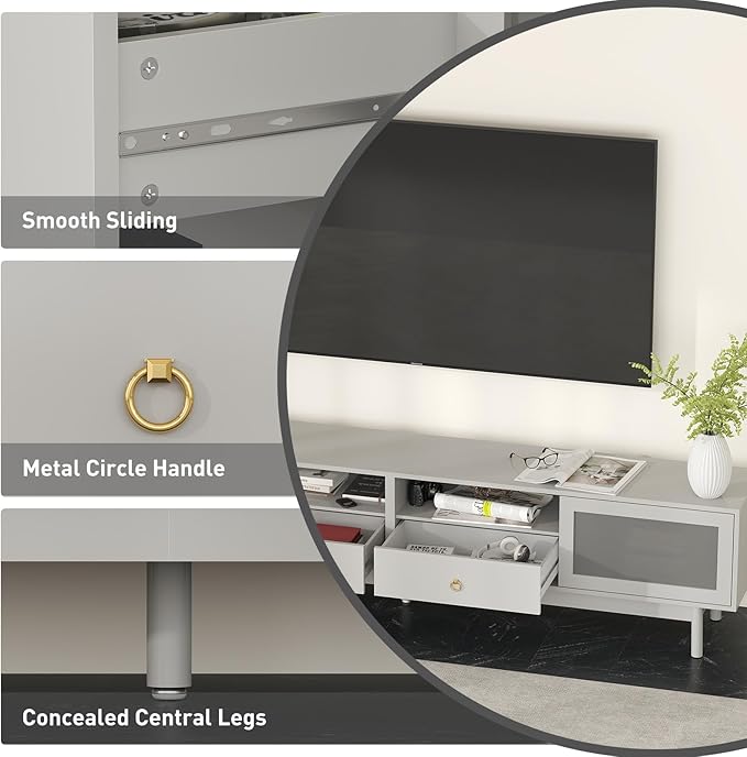 Bonzy Home TV Stand with Storage for 80 Inch TV, Modern Entertainment Center with Glass Doors and 2 Drawers, 86.6" Long TV Console for Living Room, Grey