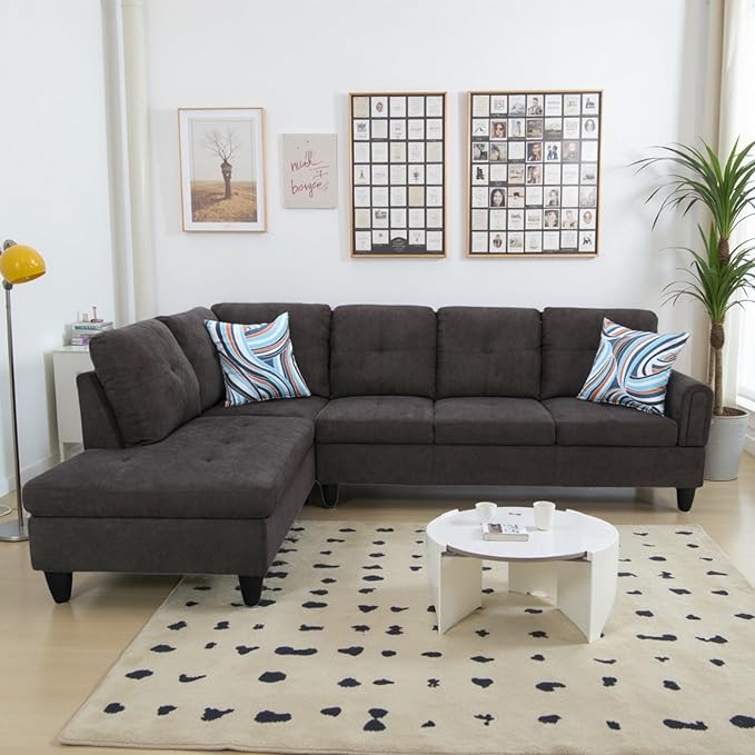 L Shaped Couch Sectional Couches with Chaise and Storage Ottoman, Fluffy Fabric 3 Pieces Modular Convertible Sofa for Living Room Furniture Sets and Small Apartment, Dark Brown